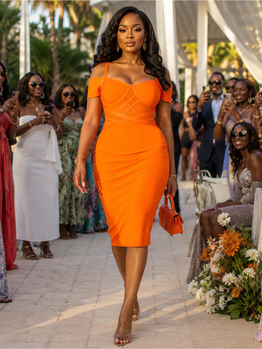 Fashion Nova Vibrant Orange Off-Shoulder Midi Bodycon Dress